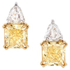 GIA 2.68 Carats Total Weight Radiant Fancy Yellow Diamond Earrings 18K and Plat