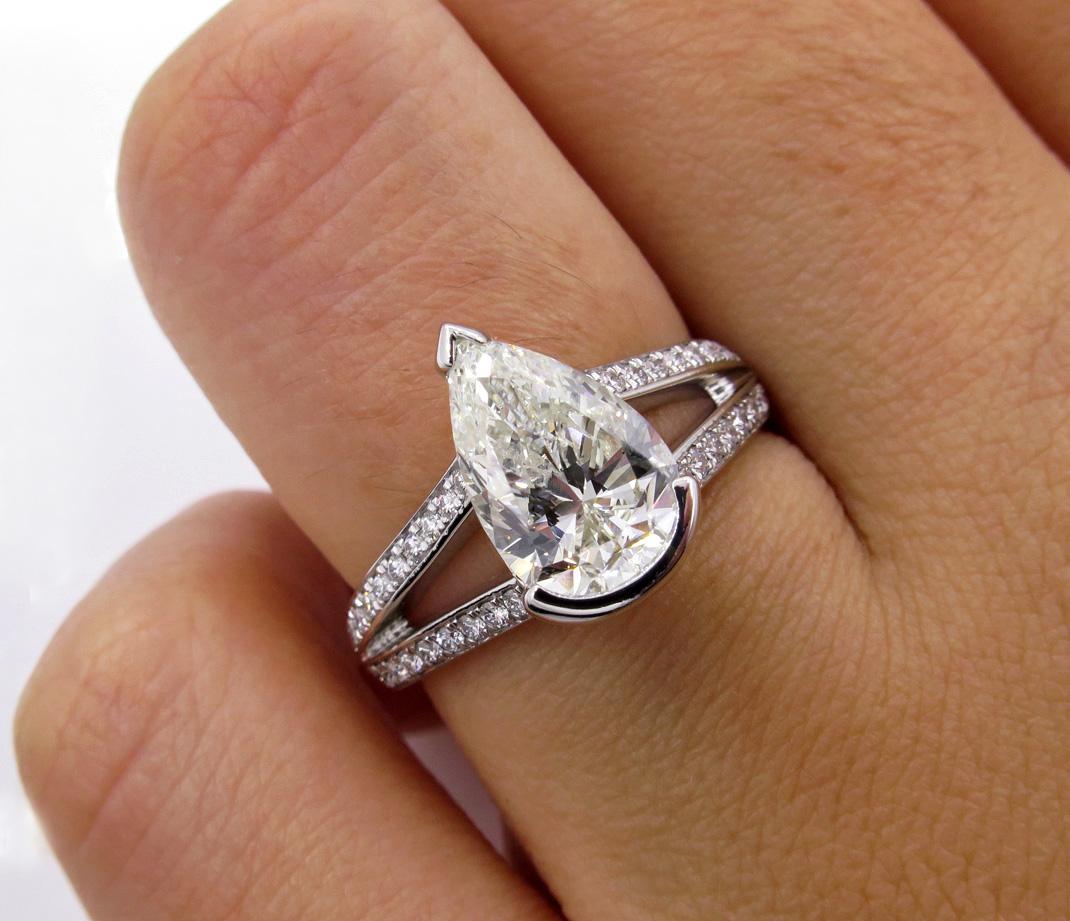 GIA 2.68 Carat Vintage Pear Shaped Diamond Engagement Wedding Pave Platinum Ring 3