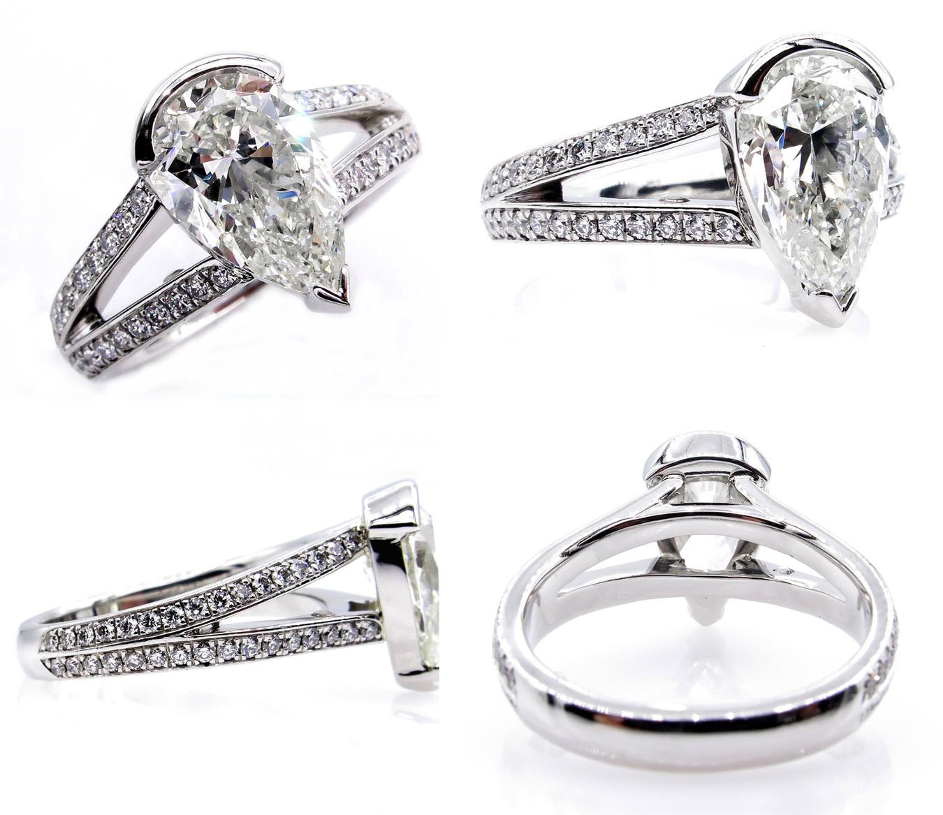 Pear Cut GIA 2.68 Carat Vintage Pear Shaped Diamond Engagement Wedding Pave Platinum Ring