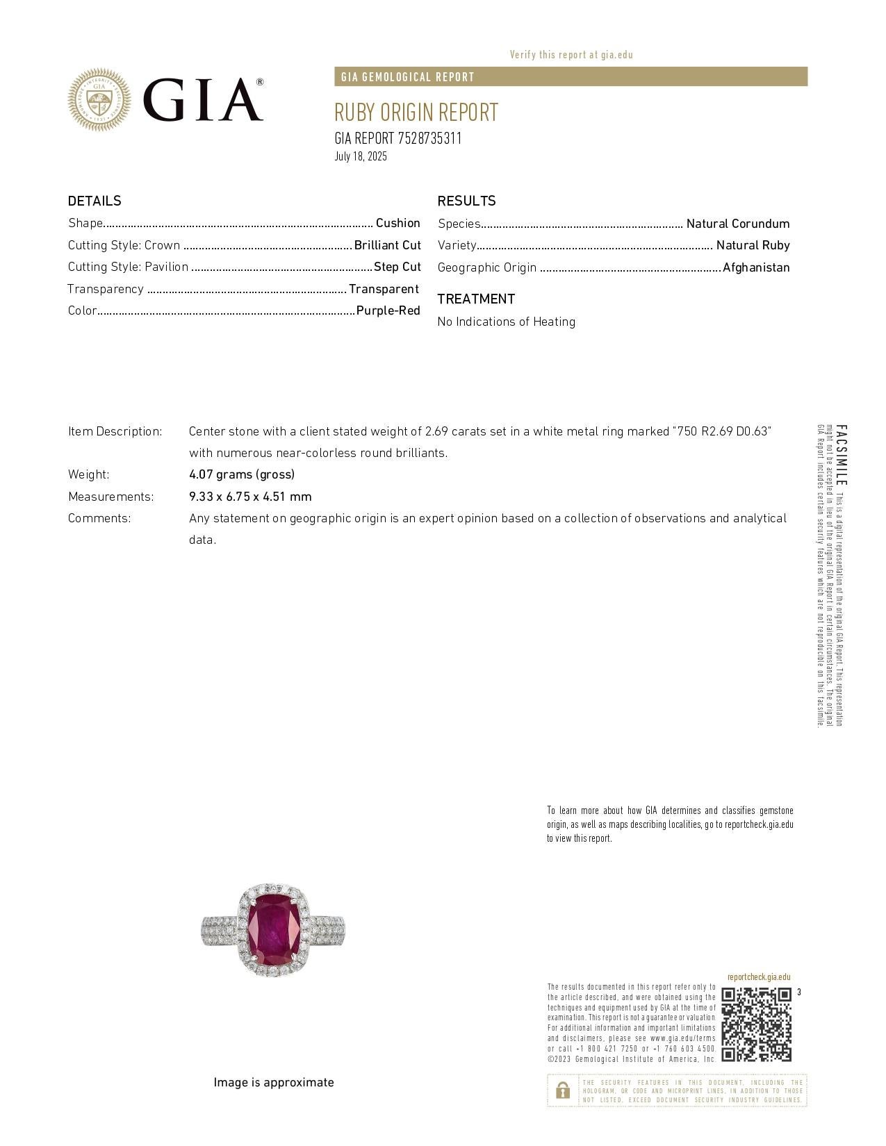 GIA Anello di fidanzamento con rubino dell'Afghanistan non riscaldato da 2,69 ct in oro bianco 18 carati in vendita 2