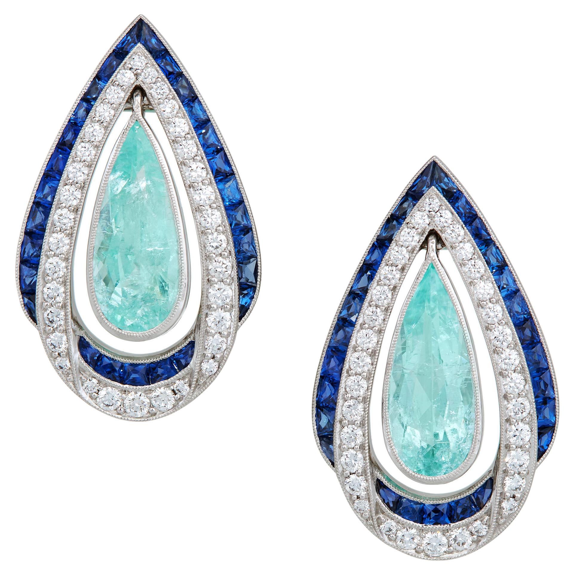 GIA 2.70 Carats Pear Paraiba Tourmaline 3.80 Carats Saphire and Diamond Earrings For Sale