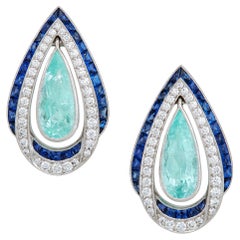 GIA 2.70 Carats Pear Paraiba Tourmaline 3.80 Carats Saphire and Diamond Earrings