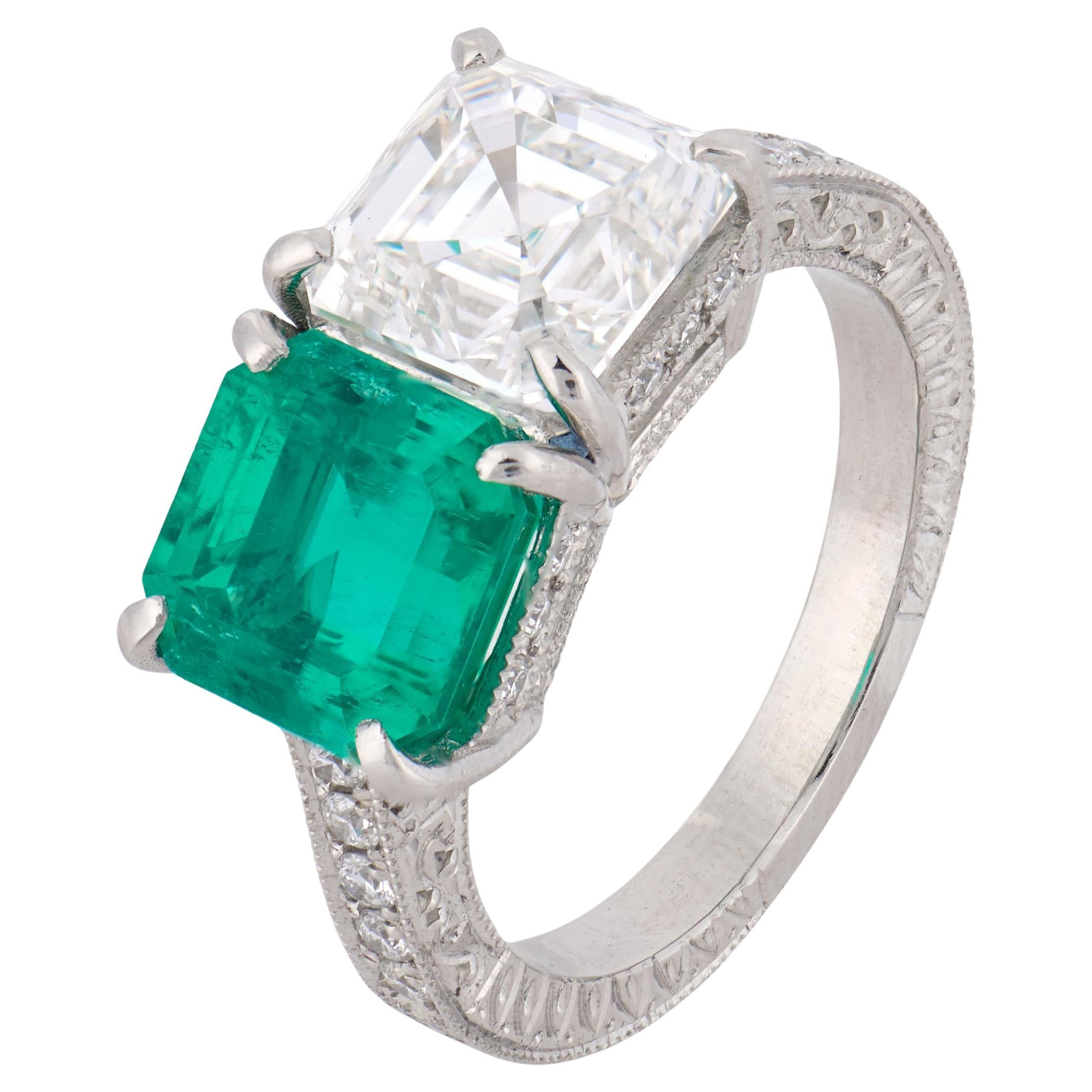 GIA 2,70 ct Diamant AGL 2,58 ct Kolumbien No Oil Smaragd Platin Toi Et Moi Ring im Angebot