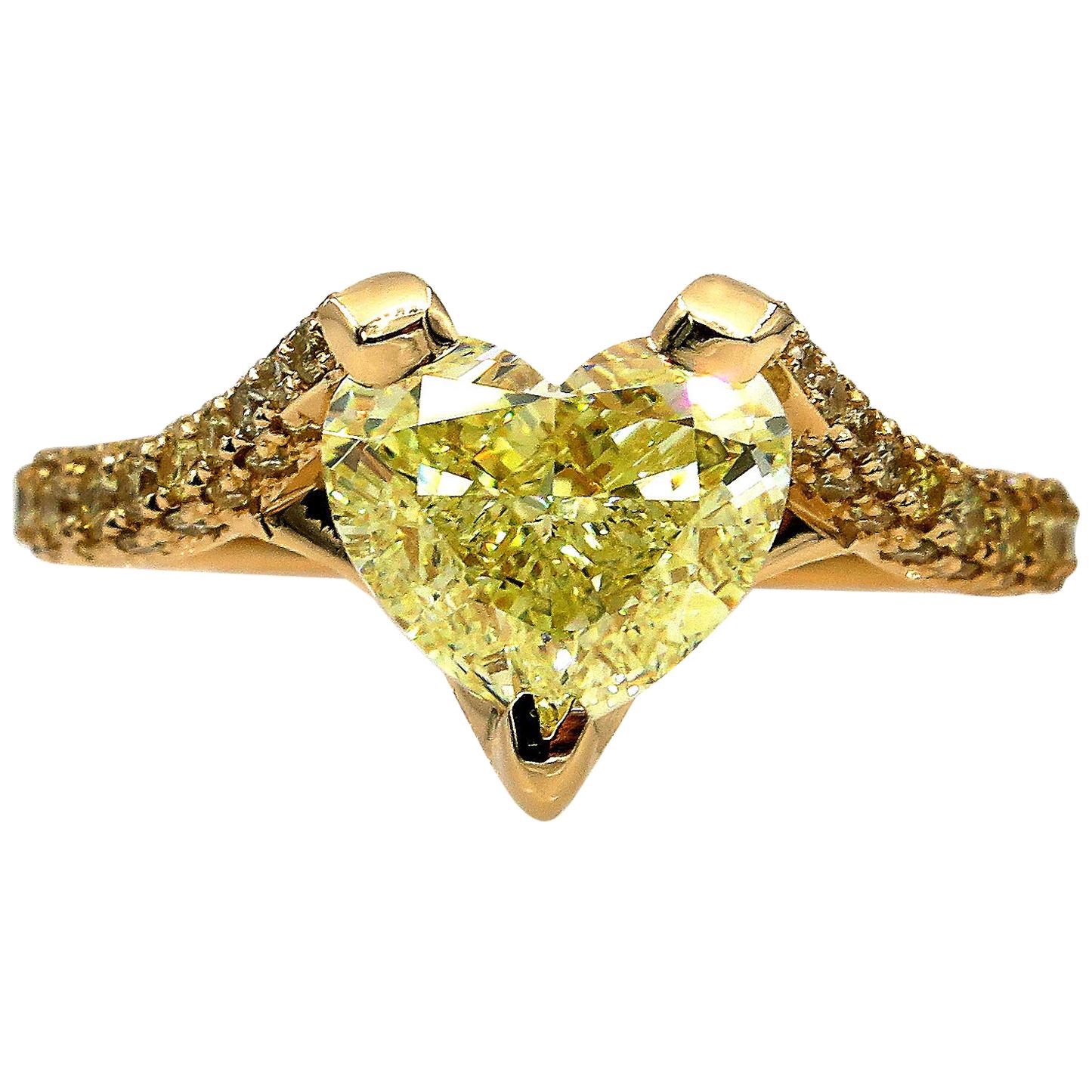 GIA 2.71 Carat Natural Fancy Yellow Heart Shape Diamond Ring Yellow Gold