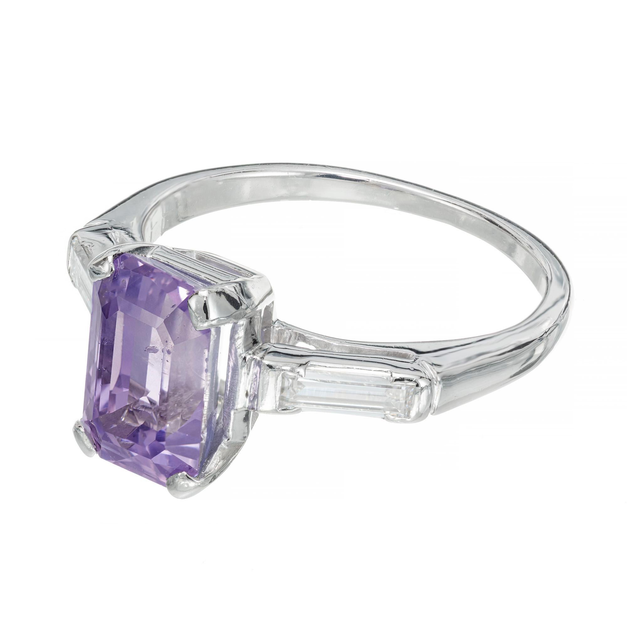 Emerald Cut GIA 2.71 Carat Violet Sapphire Diamond Platinum Art Deco Engagement Ring For Sale