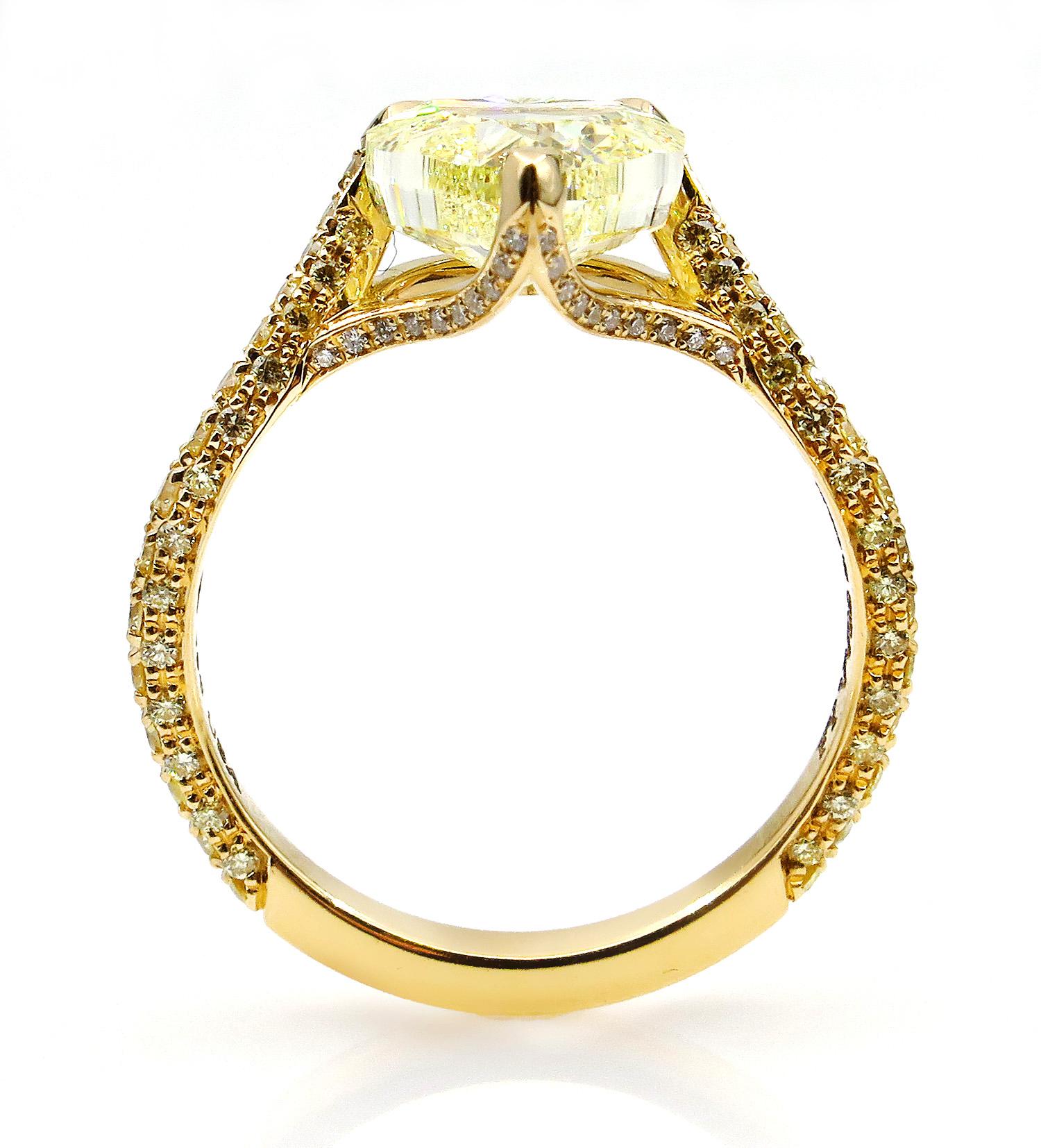 GIA 2.71 Carat Natural Fancy Yellow Heart Shape Diamond Ring Yellow Gold 1