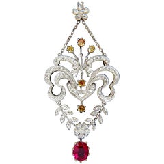 GIA 2.72 Carat Natural No Heat Red Ruby Yellow Diamond Necklace Belle Époque