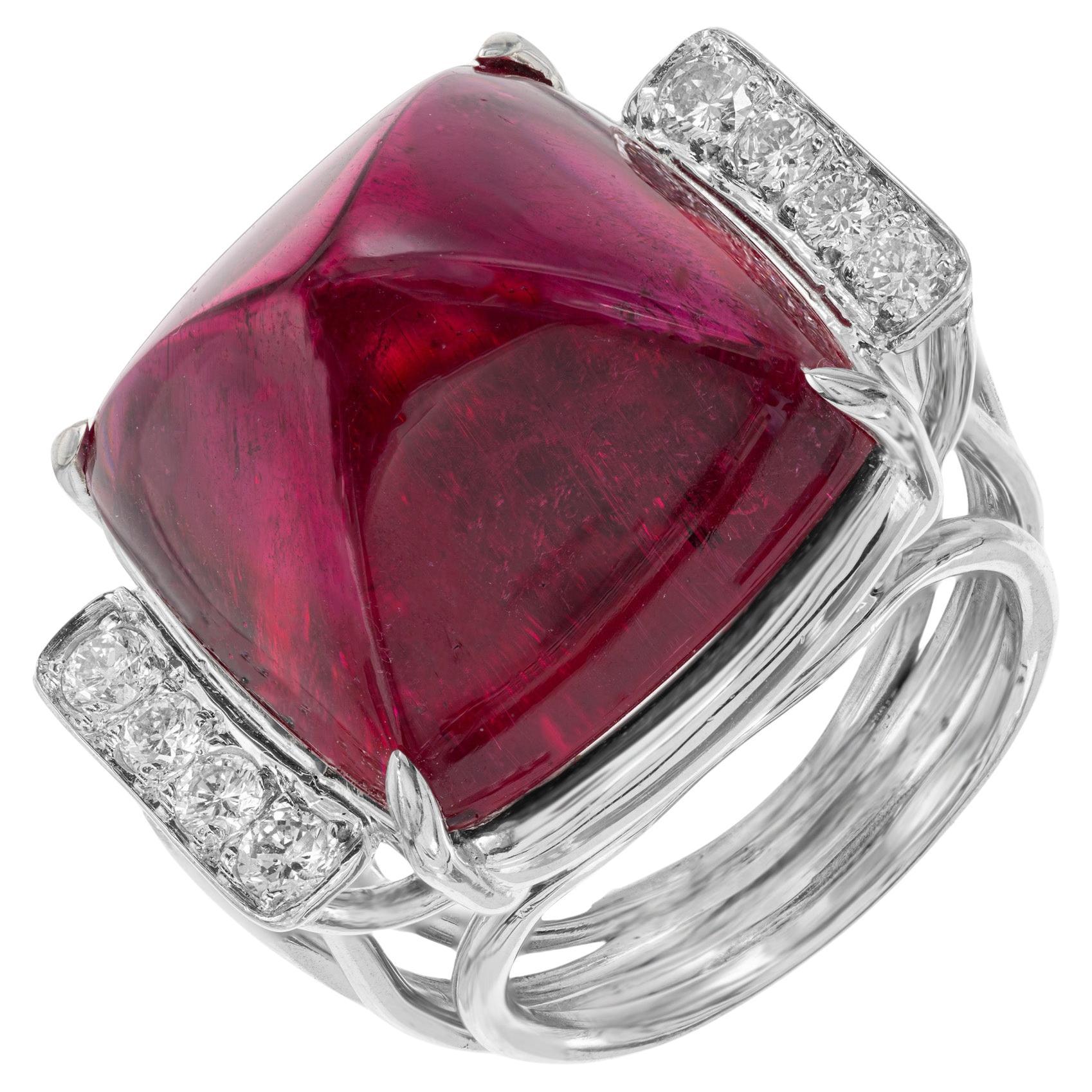 GIA 27.49 Carat Cabochon Tourmaline Rubellite Diamond Platinum Cocktail Ring