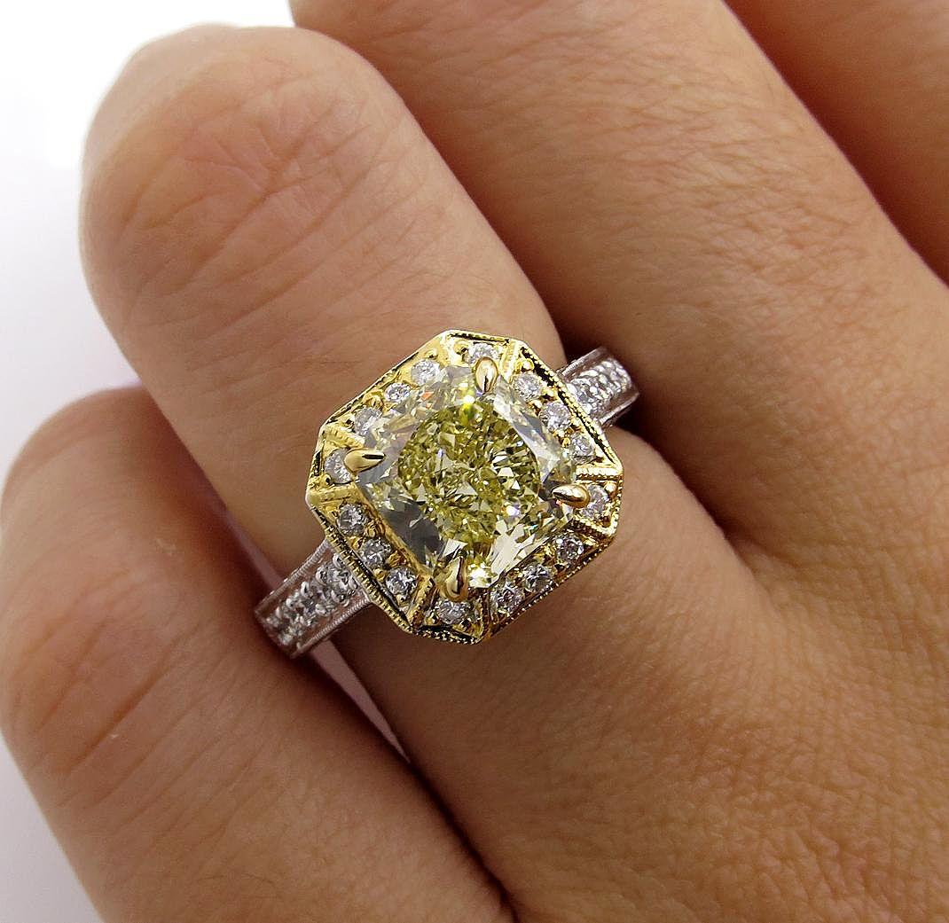 GIA 2.74 Carat Natural Fancy Yellow Radiant Diamond Engagement Wedding Ring For Sale 3