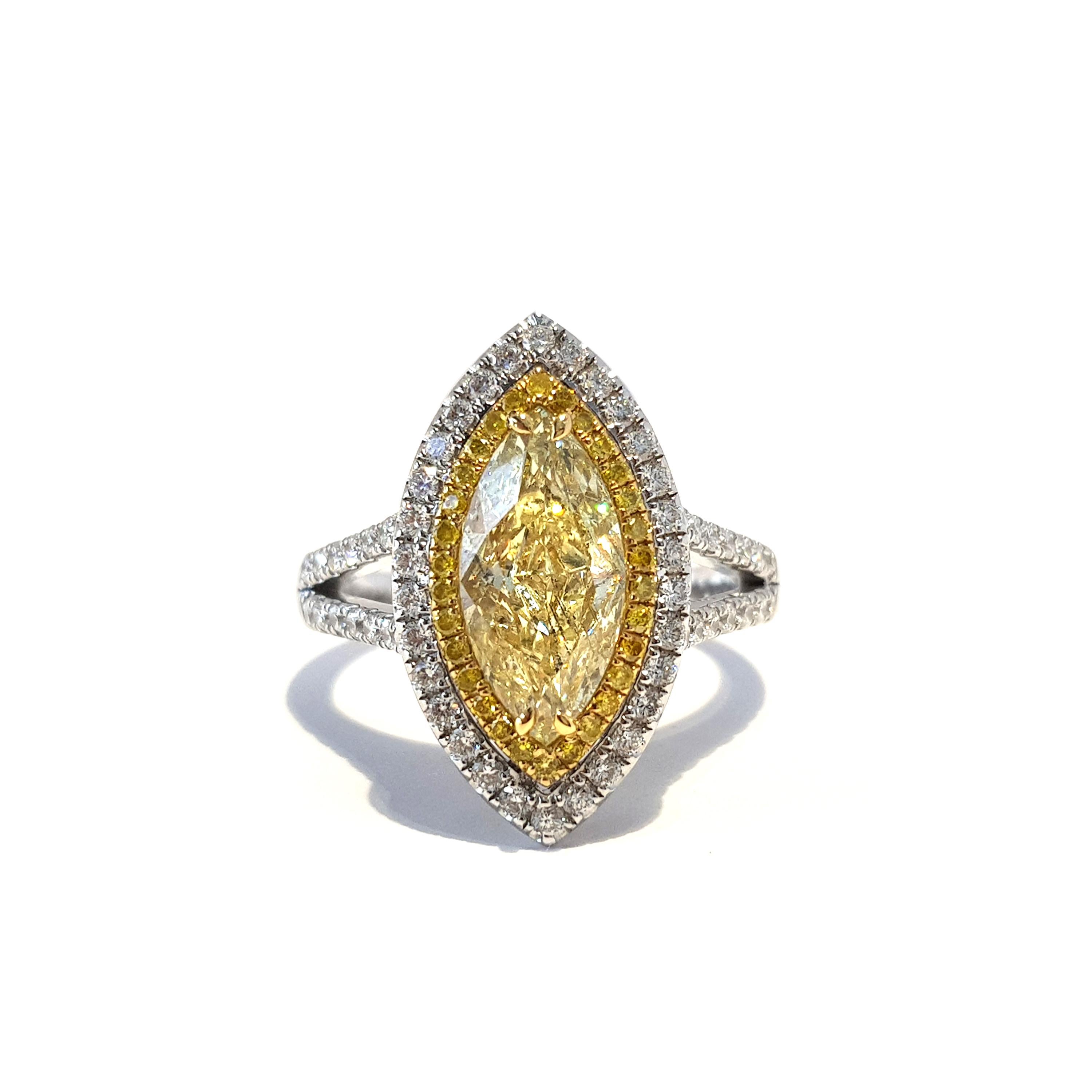 Marquise Cut GIA 2.75 CT Yellow Marquise White Diamond 18 KT Gold Double Halo Engagement Ring For Sale