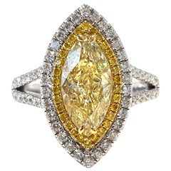 GIA 2.75 CT Yellow Marquise White Diamond 18 KT Gold Double Halo Engagement Ring