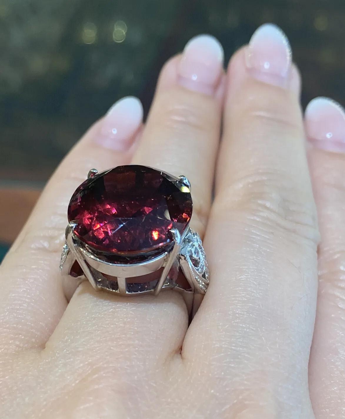 GIA 27.58 Carat Oval Rubellite Cocktail Ring with Diamonds in Platinum For Sale 3