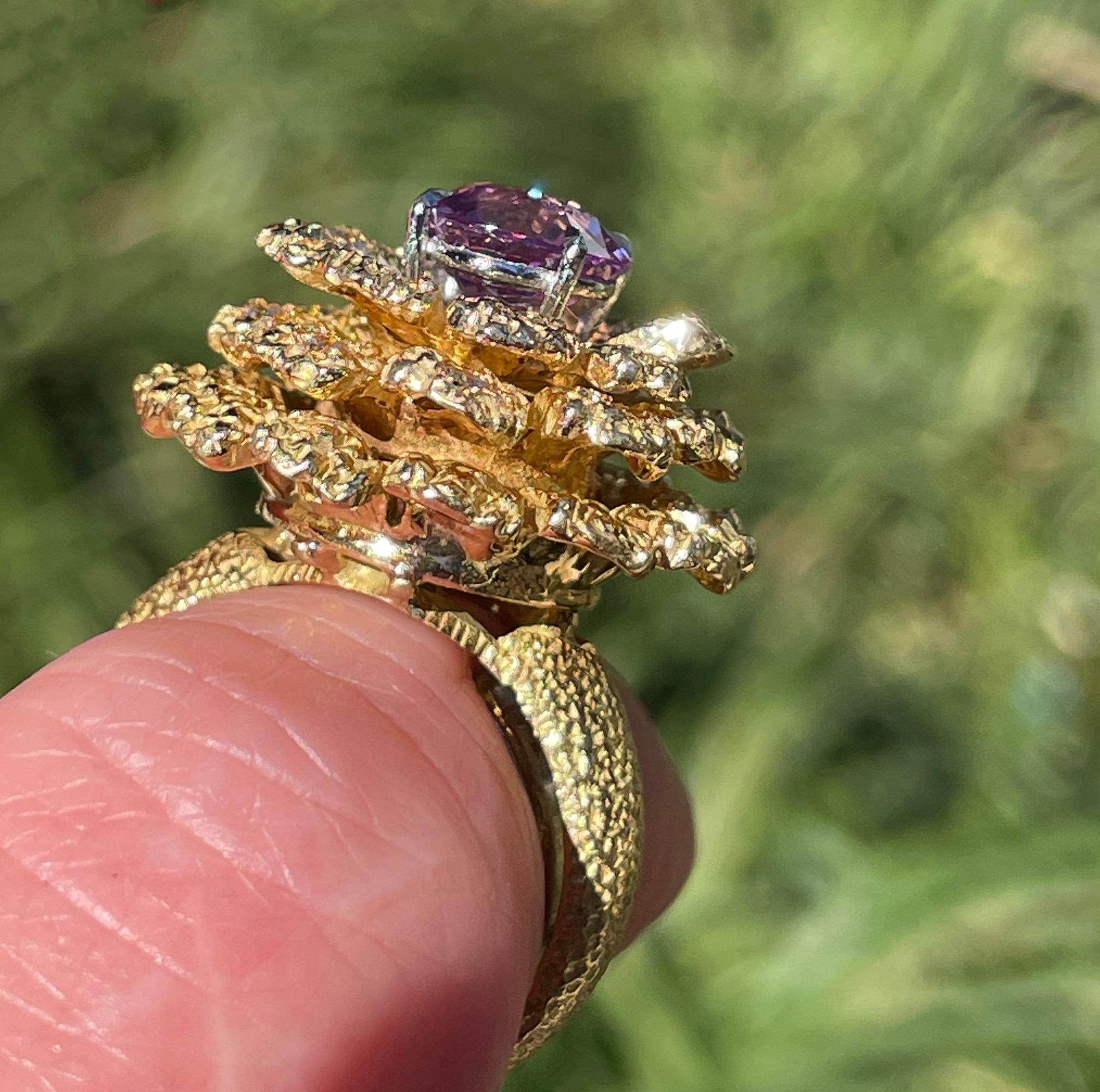 GIA 2.75ctw No-Heat Pink Sapphire Diamond 18K Gold Vintage Flower Cocktail Ring For Sale 9