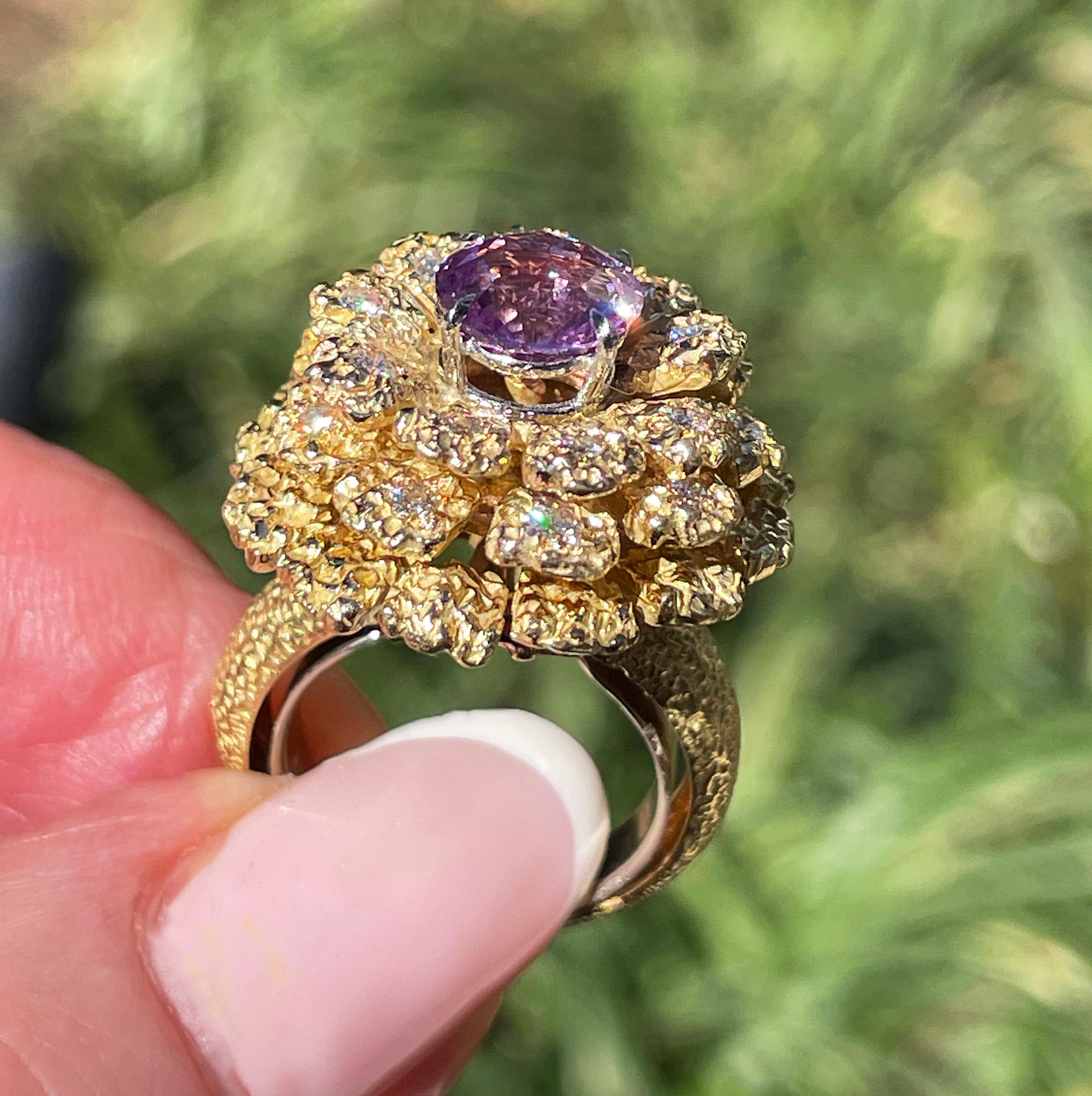 GIA 2.75ctw No-Heat Pink Sapphire Diamond 18K Gold Vintage Flower Cocktail Ring For Sale 12