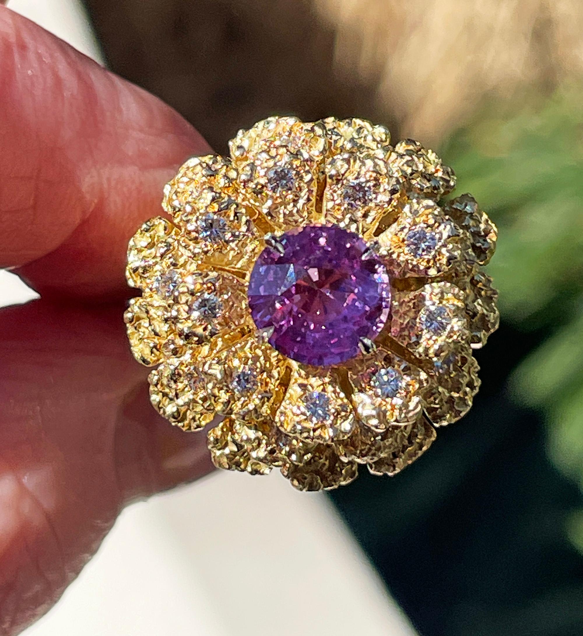 GIA 2.75ctw No-Heat Pink Sapphire Diamond 18K Gold Vintage Flower Cocktail Ring For Sale 14