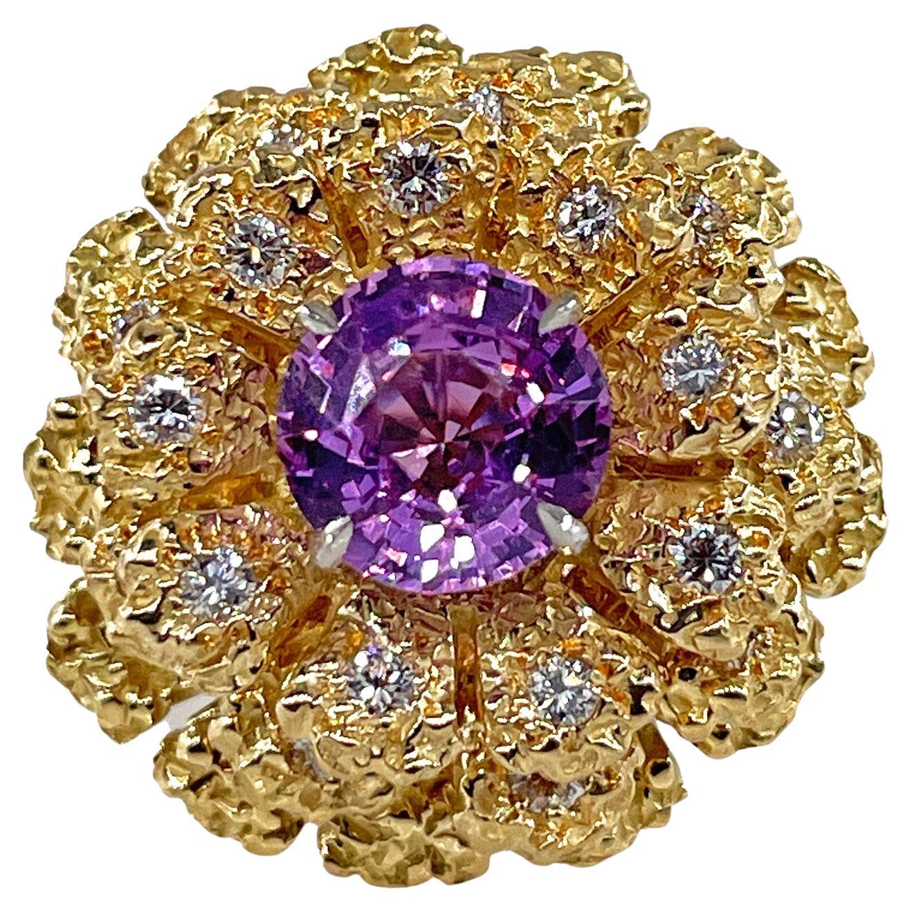 GIA 2.75ctw No-Heat Pink Sapphire Diamond 18K Gold Vintage Flower Cocktail Ring