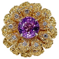 GIA 2.75ctw No-Heat Pink Sapphire Diamond 18K Gold Vintage Flower Cocktail Ring