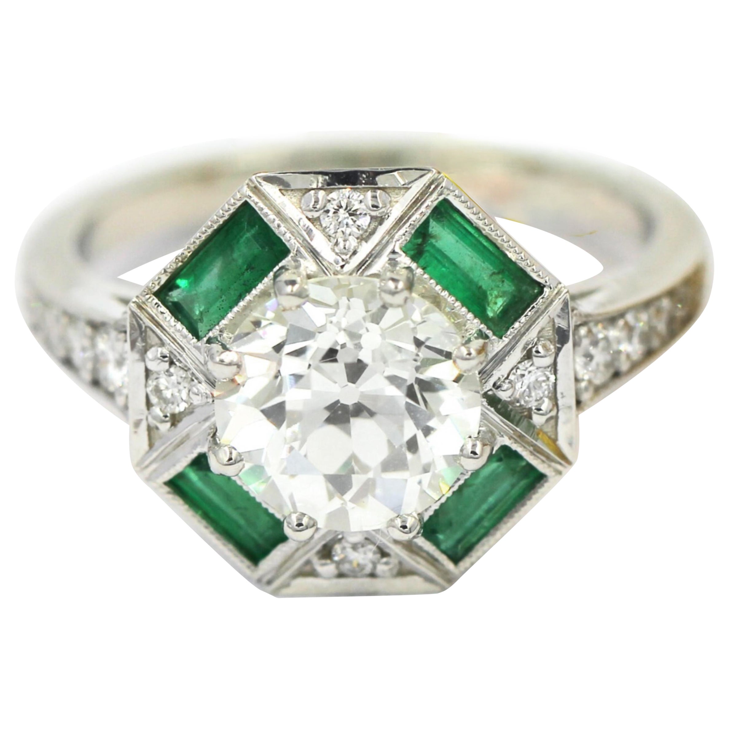 GIA 2.13 CT Old European Cut Natural diamond Emerald Ring 18K White Gold