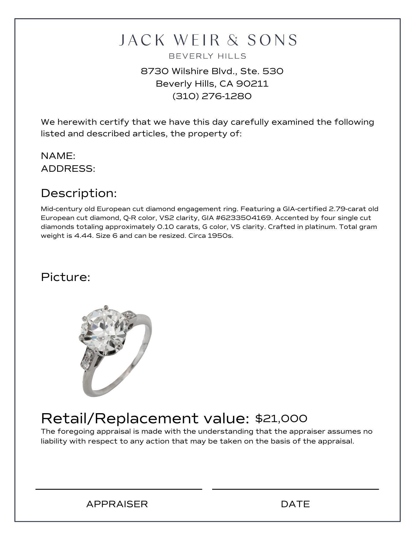 Women's or Men's GIA 2.79 carat old European cut diamond platinum engagement ring