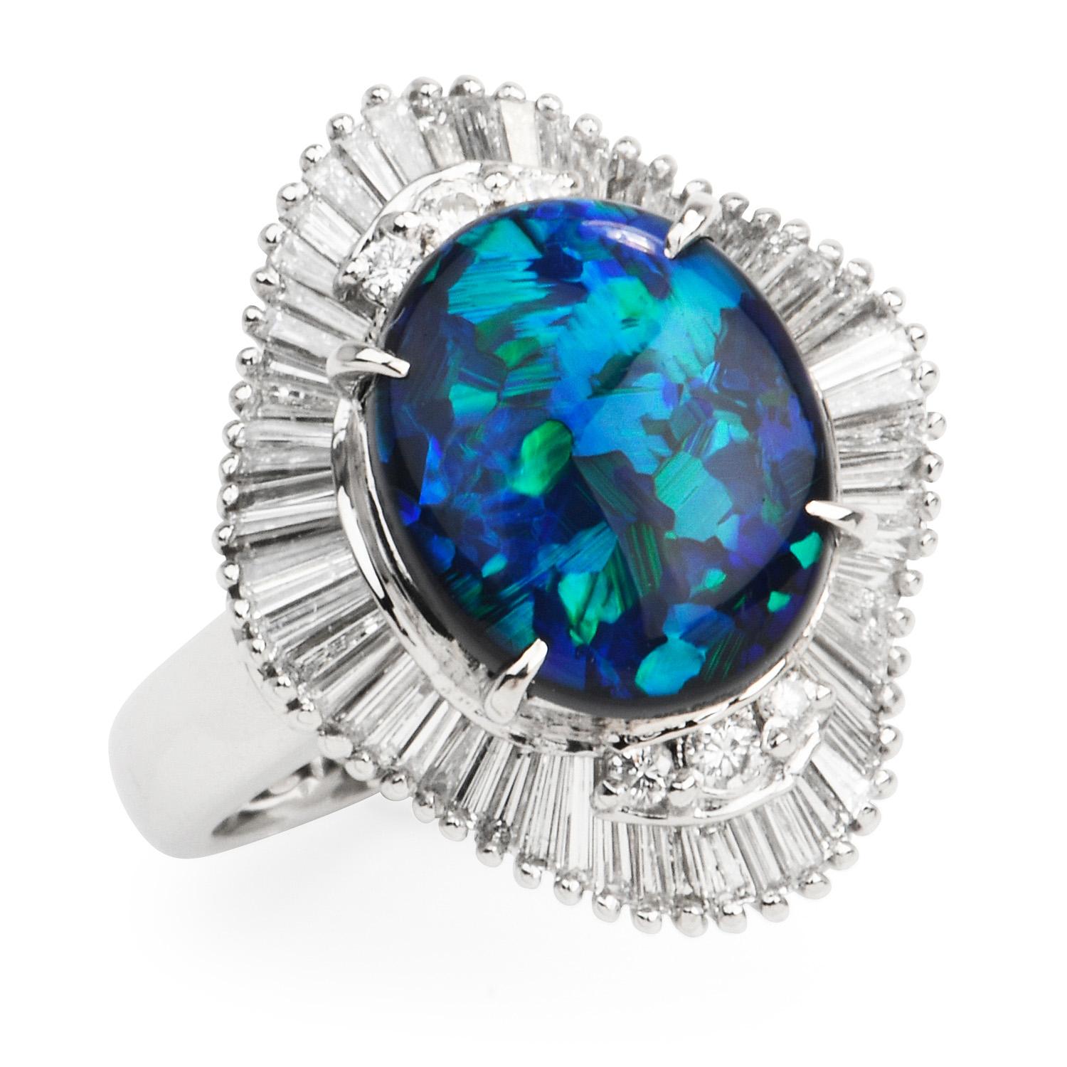 Cabochon GIA 2.79ct Natural Black Opal Diamond Platinum Ballerina Cocktail Ring For Sale
