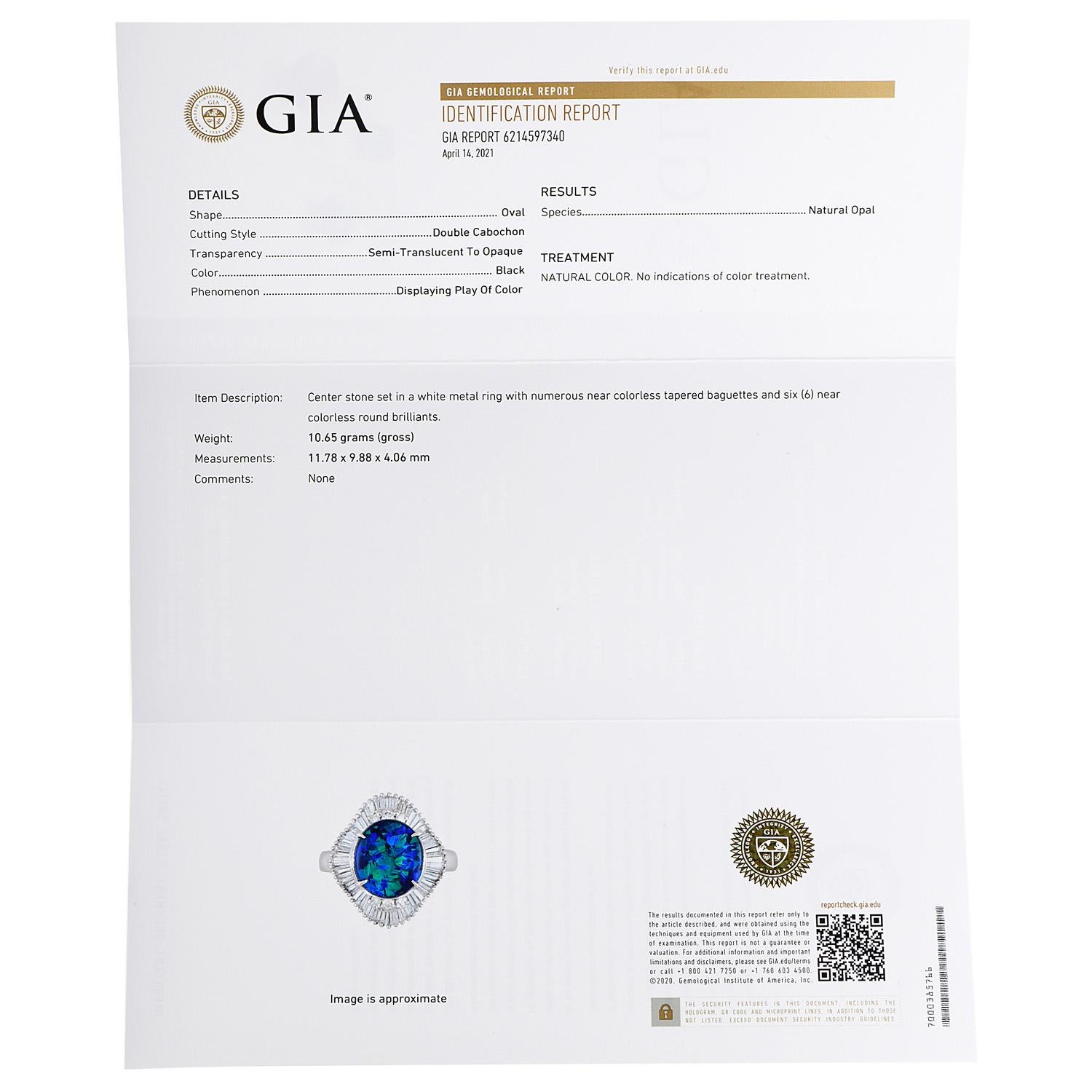 GIA 2.79ct Natural Black Opal Diamond Platinum Ballerina Cocktail Ring For Sale 1