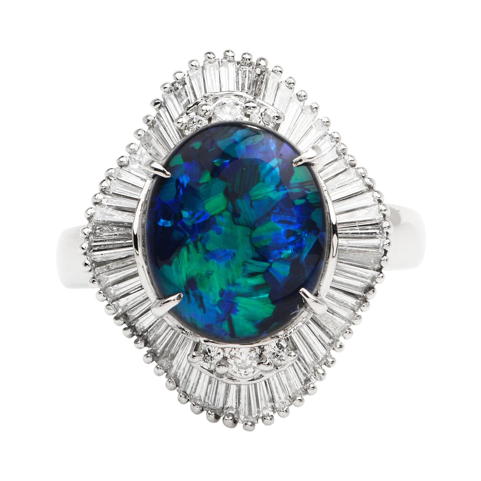 GIA 2.79ct Natural Black Opal Diamond Platinum Ballerina Cocktail Ring