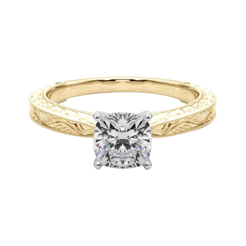 GIA Anello classico solitario a cuscino da 2.7 carati in oro giallo con incisione antica