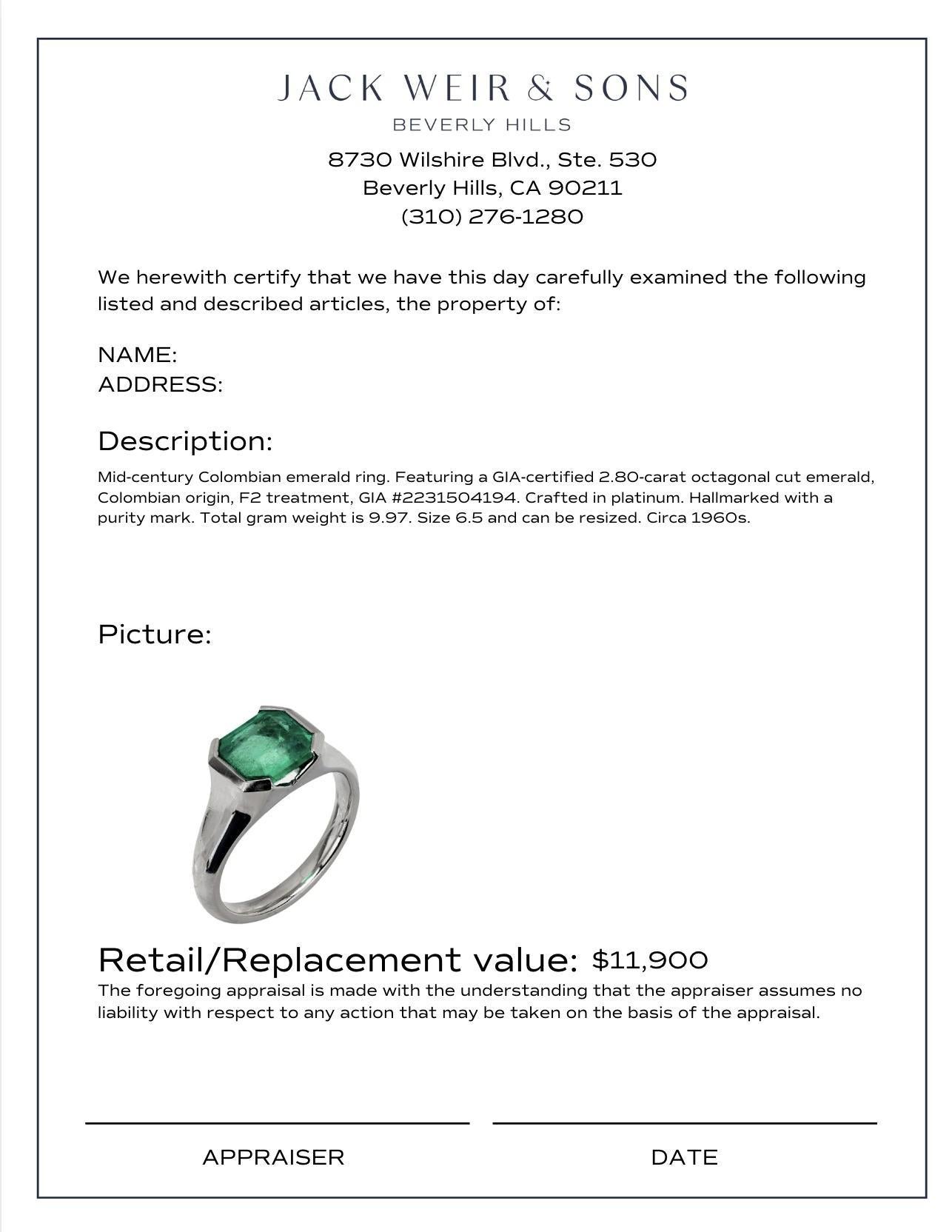 Women's or Men's GIA 2.80 carat Colombian emerald platinum ring For Sale