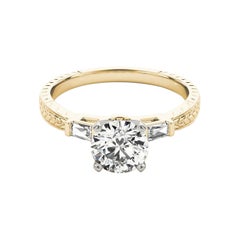 GIA 2.81ct Round Engraved Three-Stone Baguette 18K Yellow Gold Diamond Ring