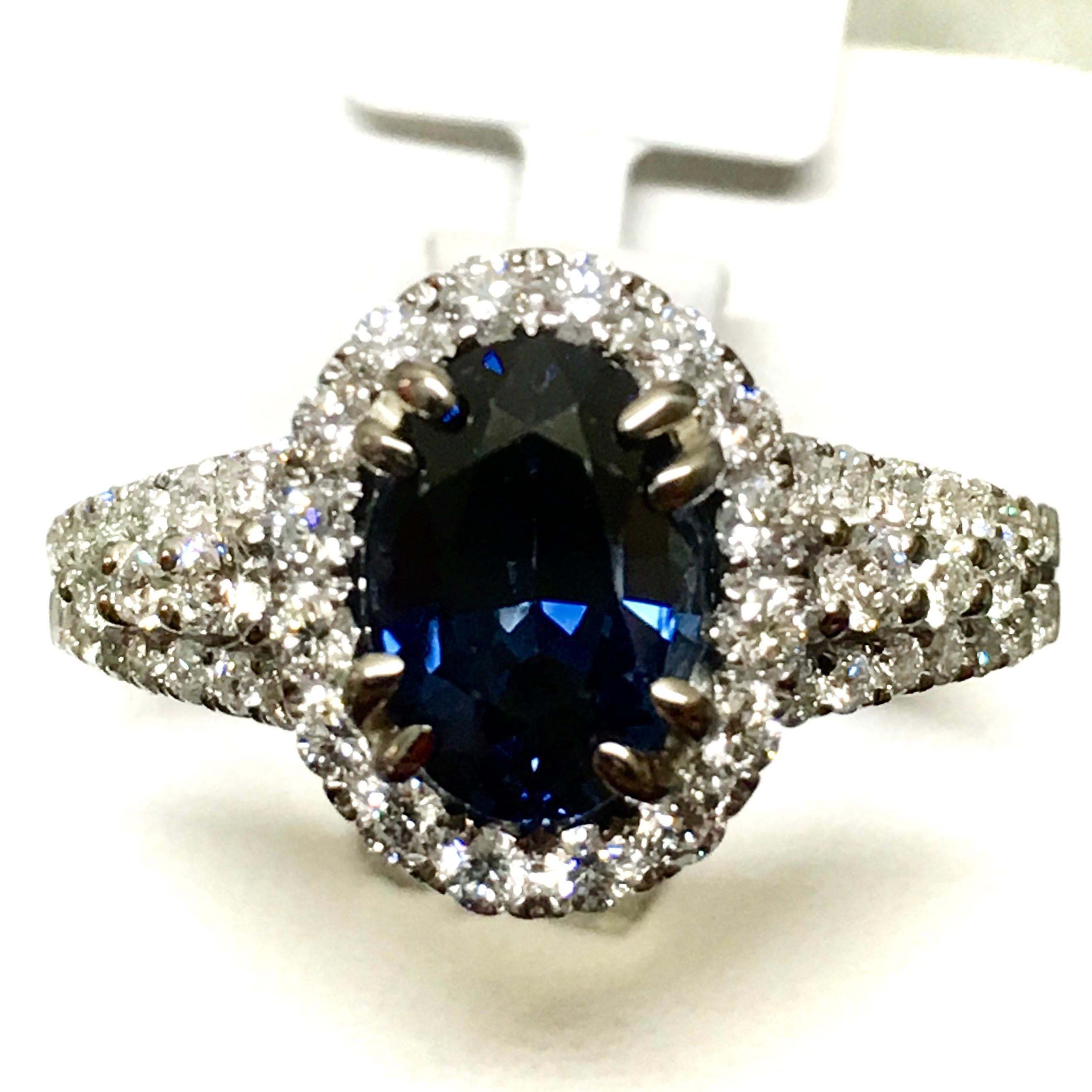 GIA 2.82 Carat Sapphire Diamond Halo Engagement Ring 18 Karat White Gold 2