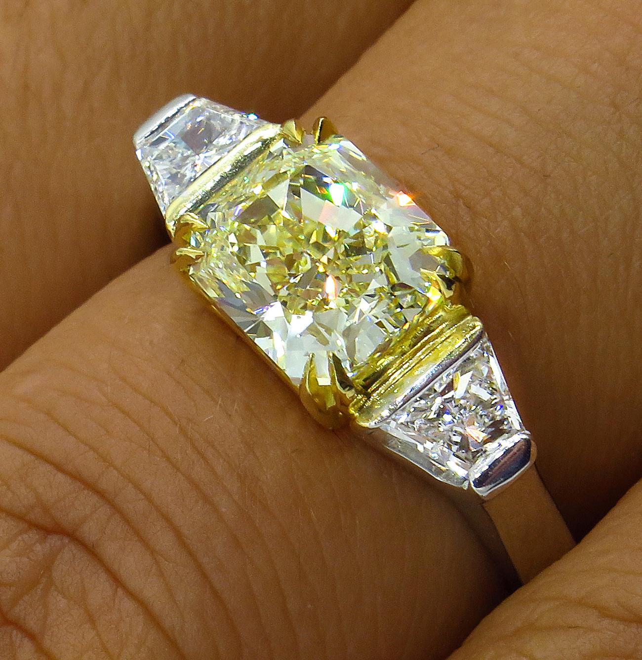 GIA 2.83 Carat Natural Fancy Yellow Radiant 3-Stone Diamond Platinum Ring 3