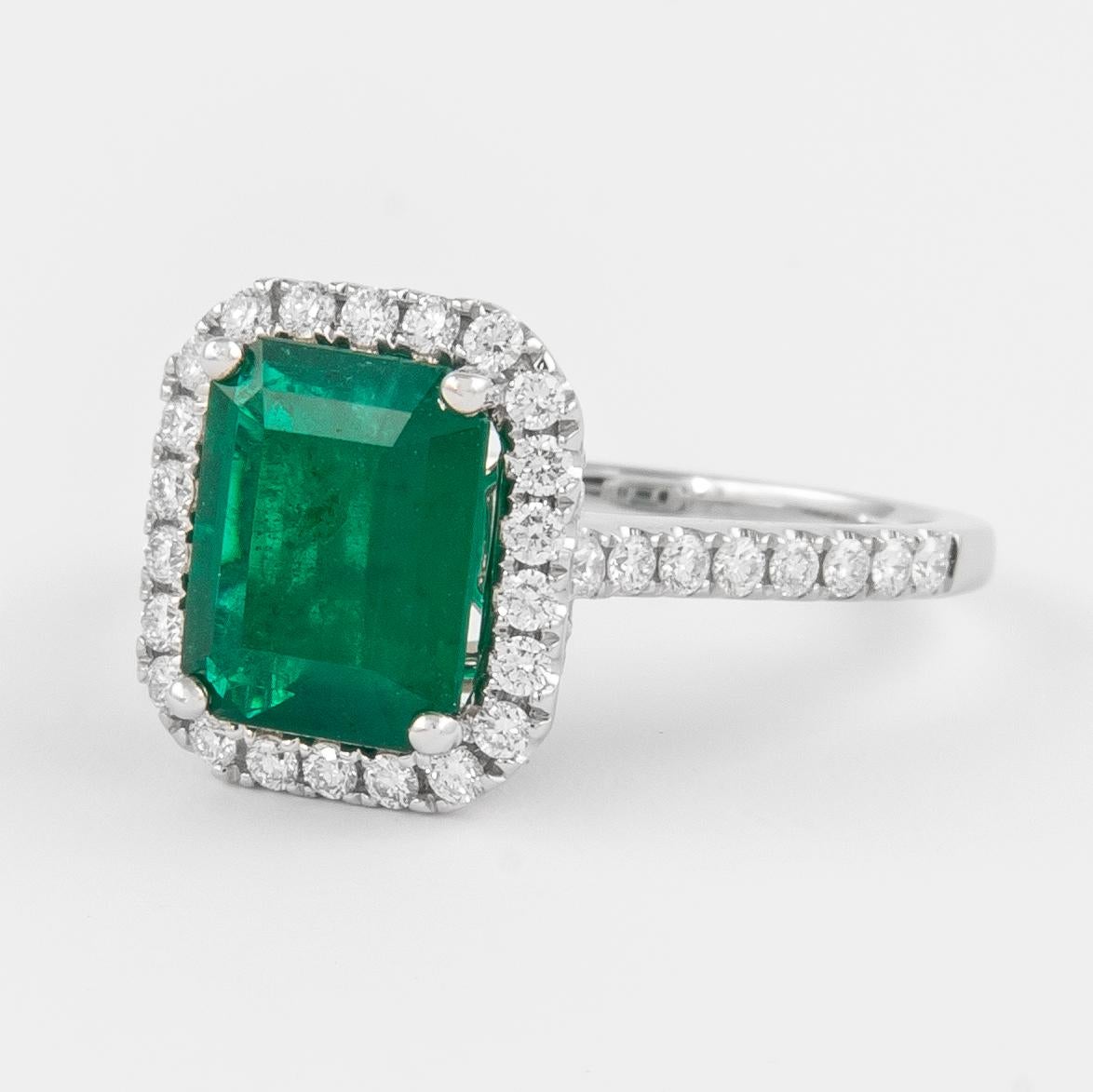 Emerald Cut GIA 2.83 Carat Emerald and Diamond Halo Ring 18k Gold