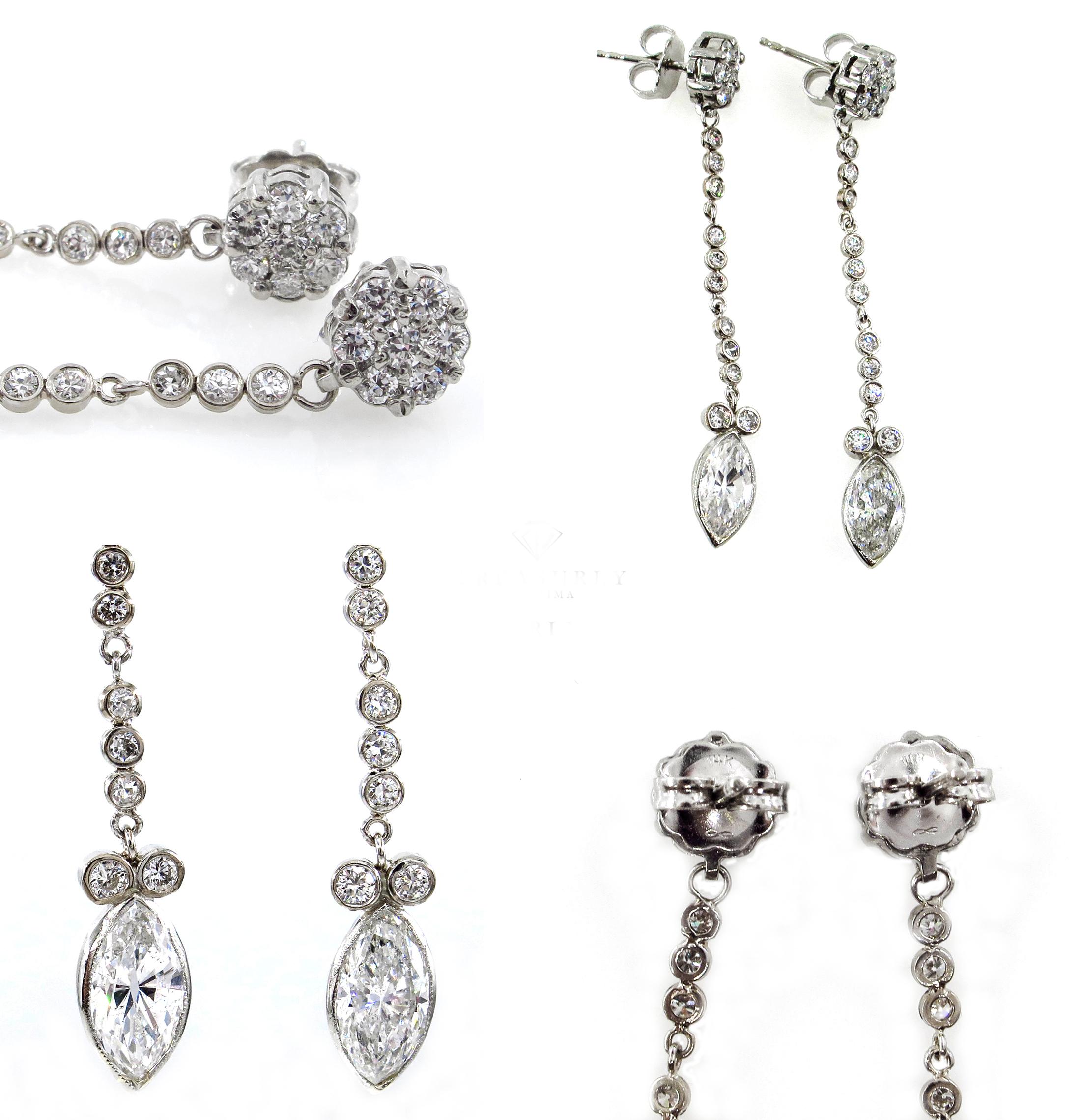 Orecchini pendenti in oro bianco 14k con diamanti tondi e marquise GIA da 2,84 carati in vendita 3