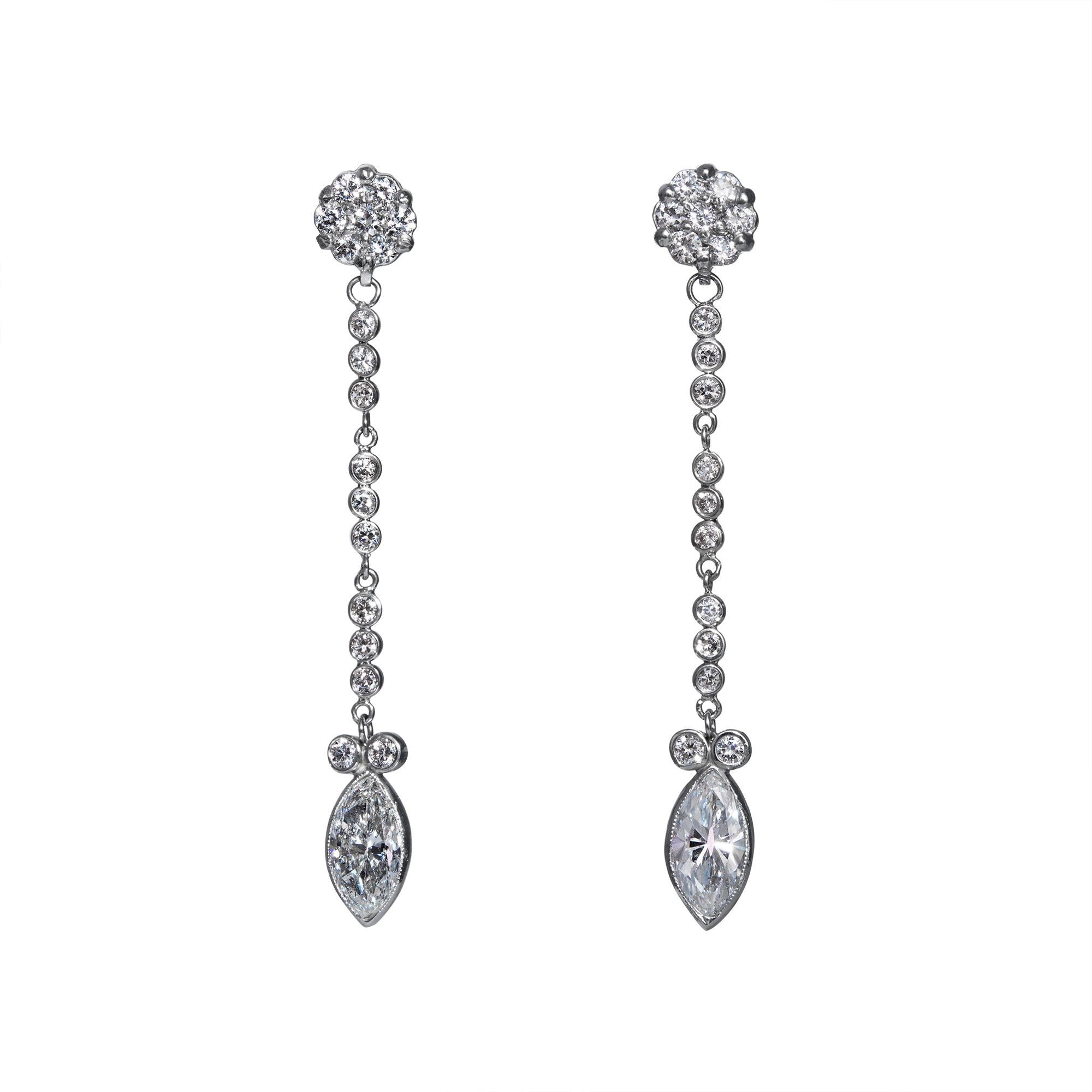 GIA 2.84 Carat Marquise and Round Diamond Drop Dangling 14k White Gold Earrings For Sale 7