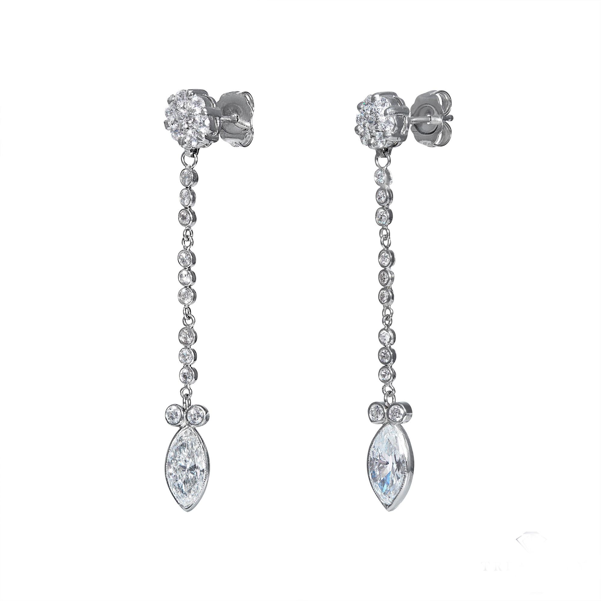 GIA 2.84 Carat Marquise and Round Diamond Drop Dangling 14k White Gold Earrings For Sale 3