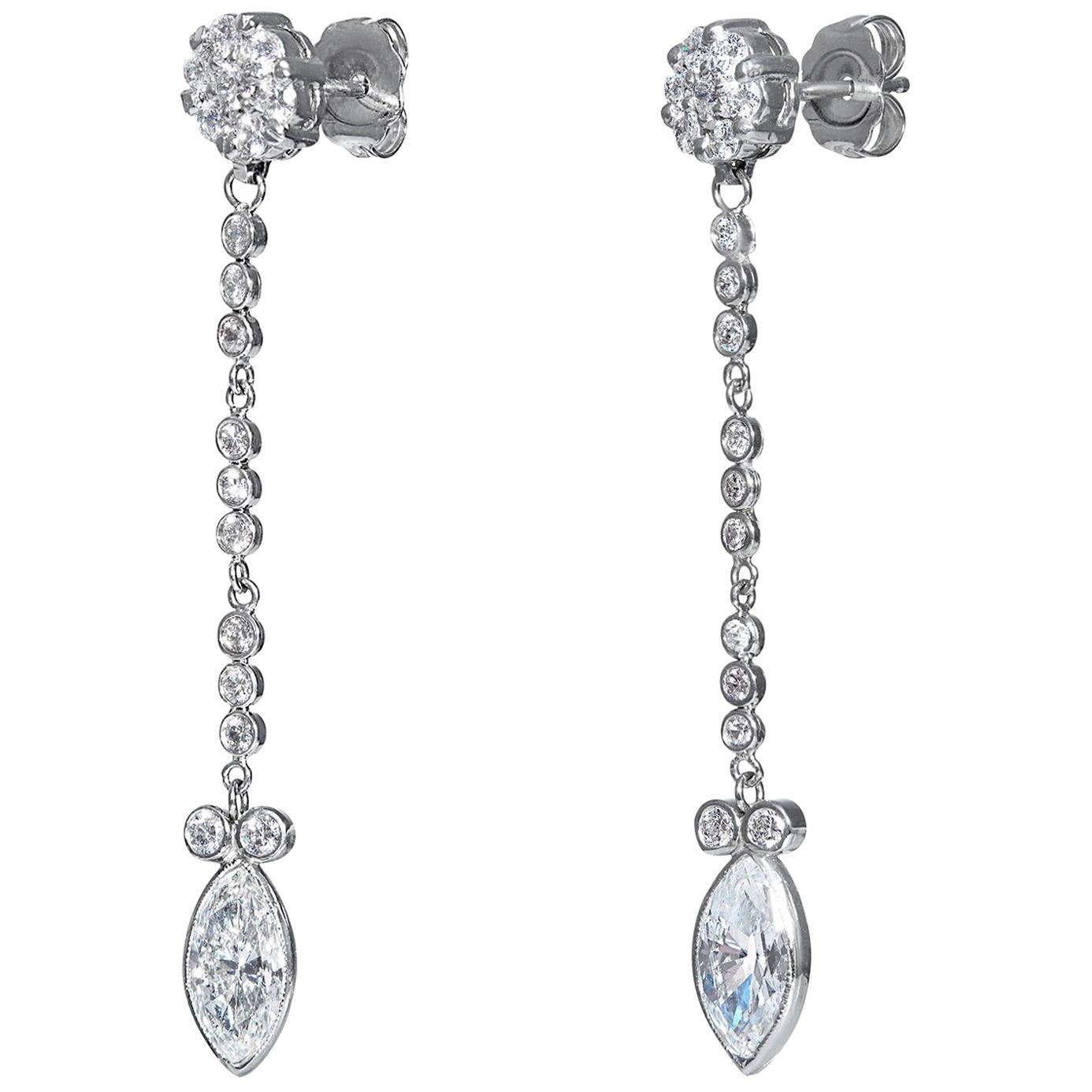 GIA 2.84 Carat Marquise and Round Diamond Drop Dangling 14k White Gold Earrings For Sale