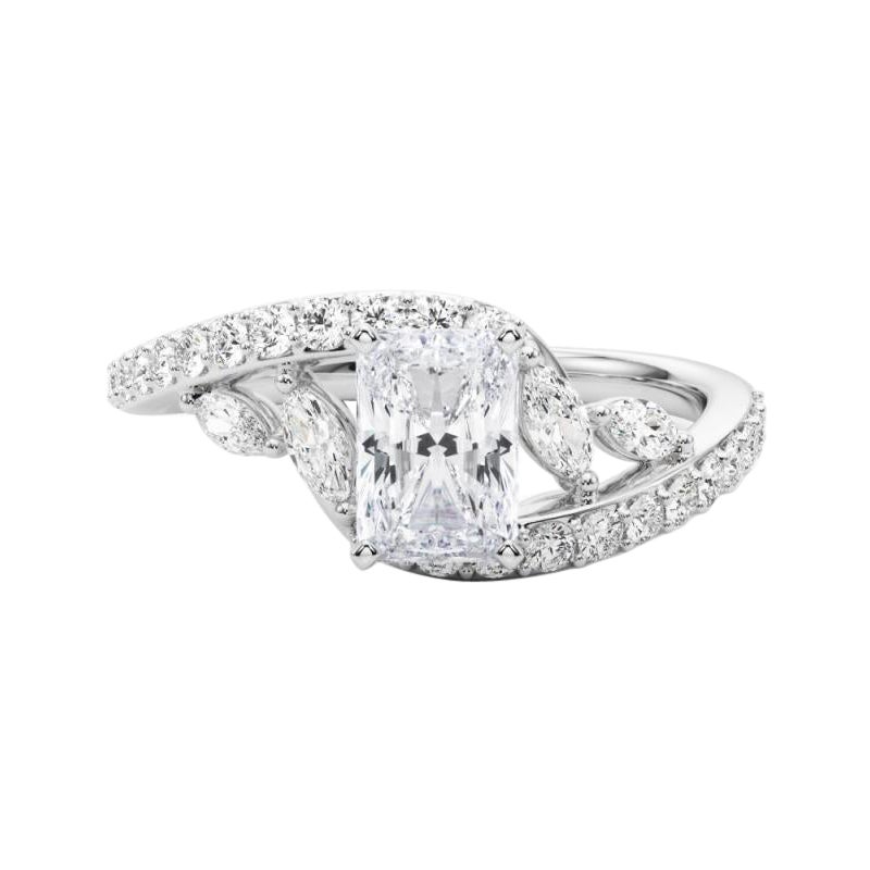 Bague en or blanc GIA 2,85 carats Radiant Curved Bypass Leaf & Vine