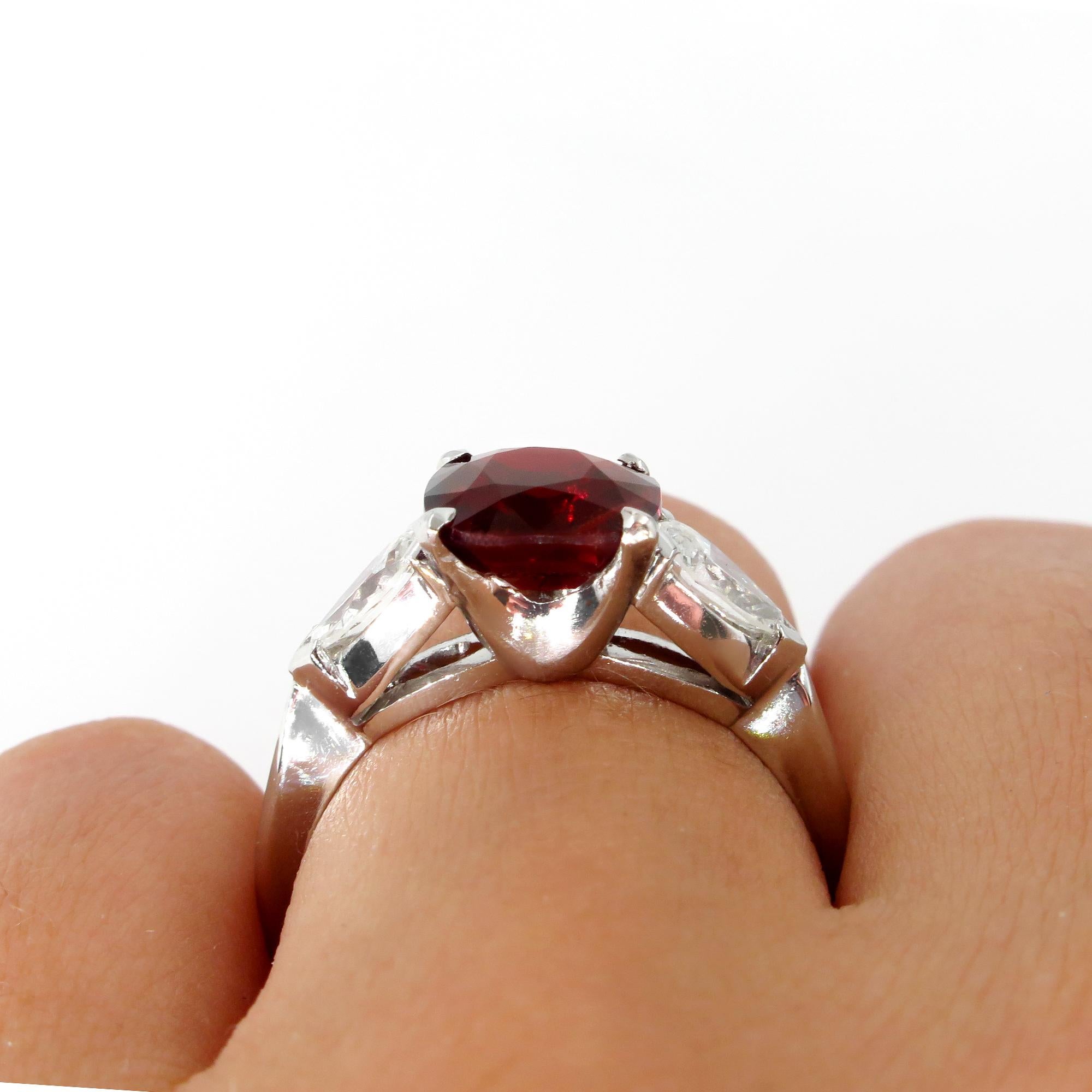 GIA 2.85ct Natural Burma No-Heat Red Spinel and Diamond Platinum 3-Stone Ring 6