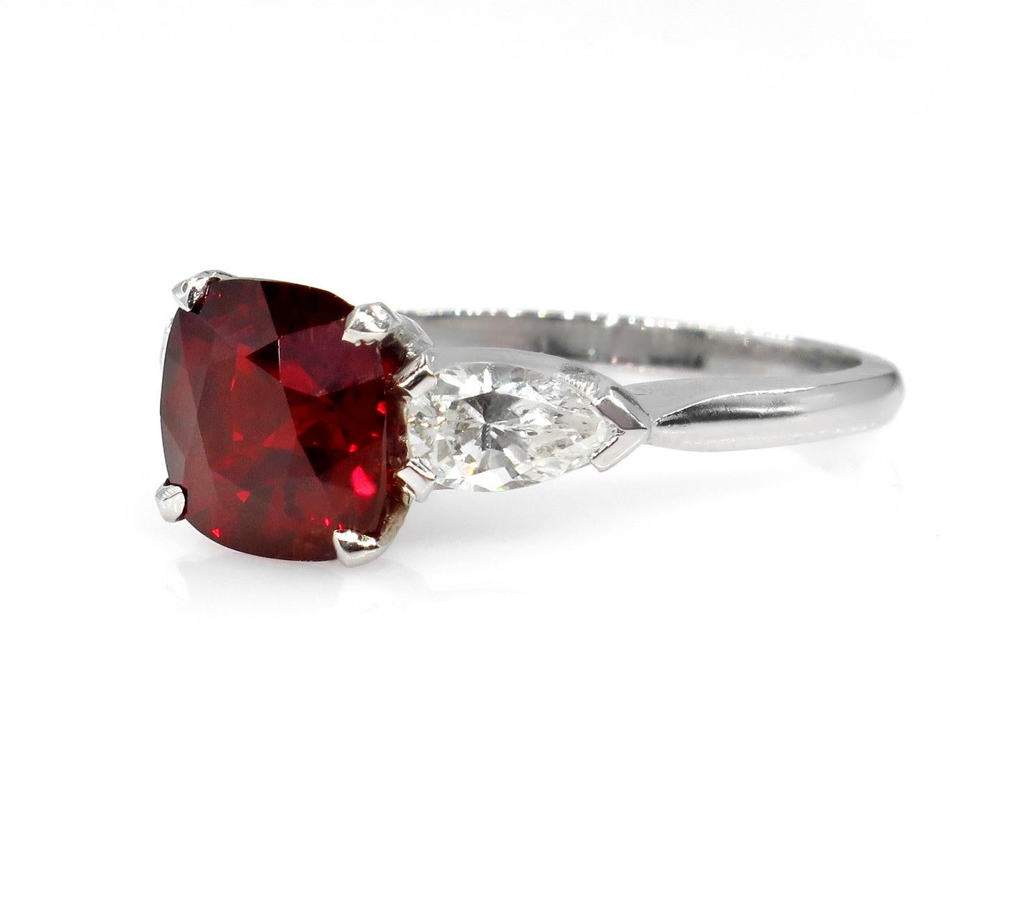 Cushion Cut GIA 2.85ct Natural Burma No-Heat Red Spinel and Diamond Platinum 3-Stone Ring