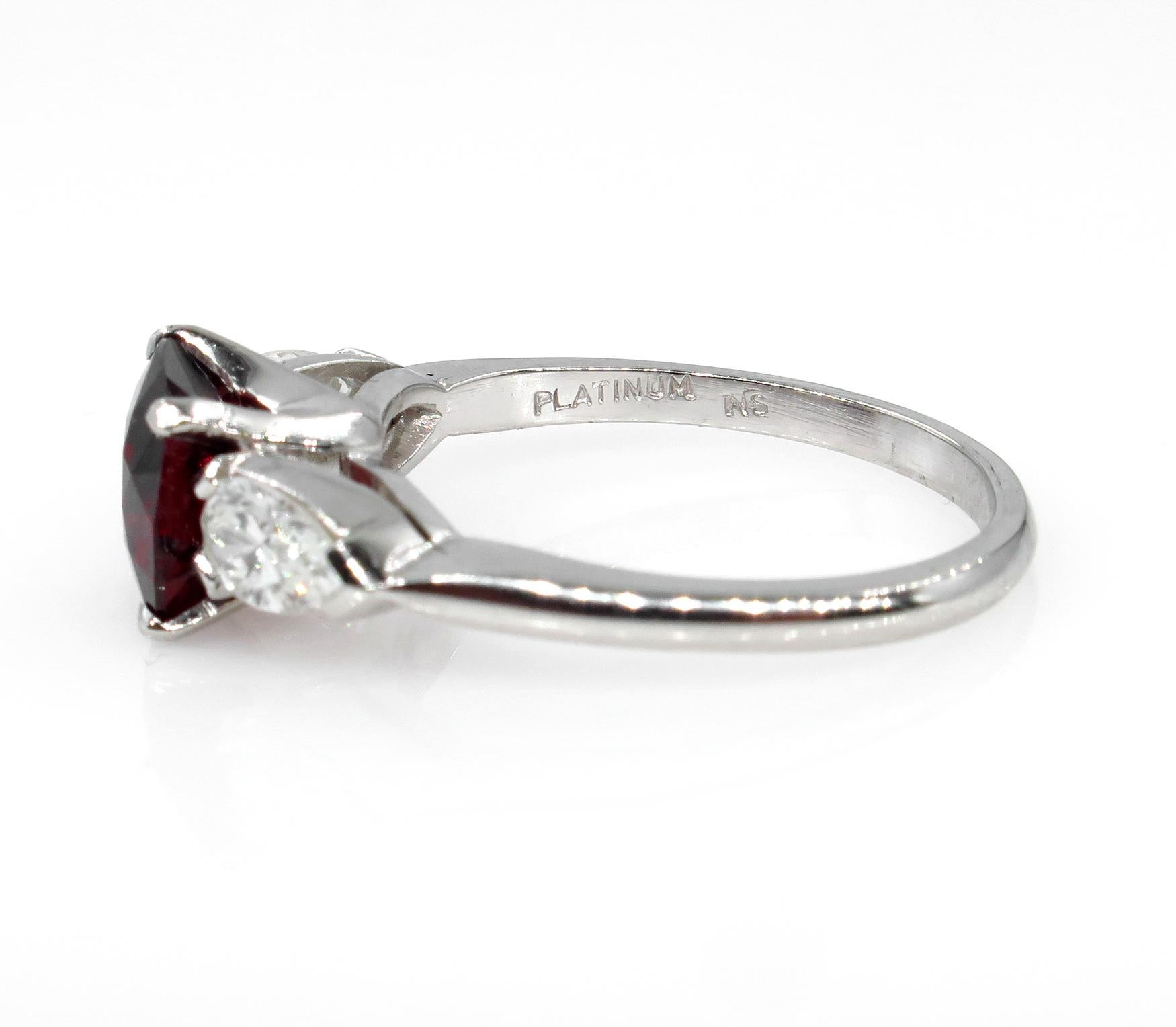 GIA 2.85ct Natural Burma No-Heat Red Spinel and Diamond Platinum 3-Stone Ring In Good Condition In New York, NY