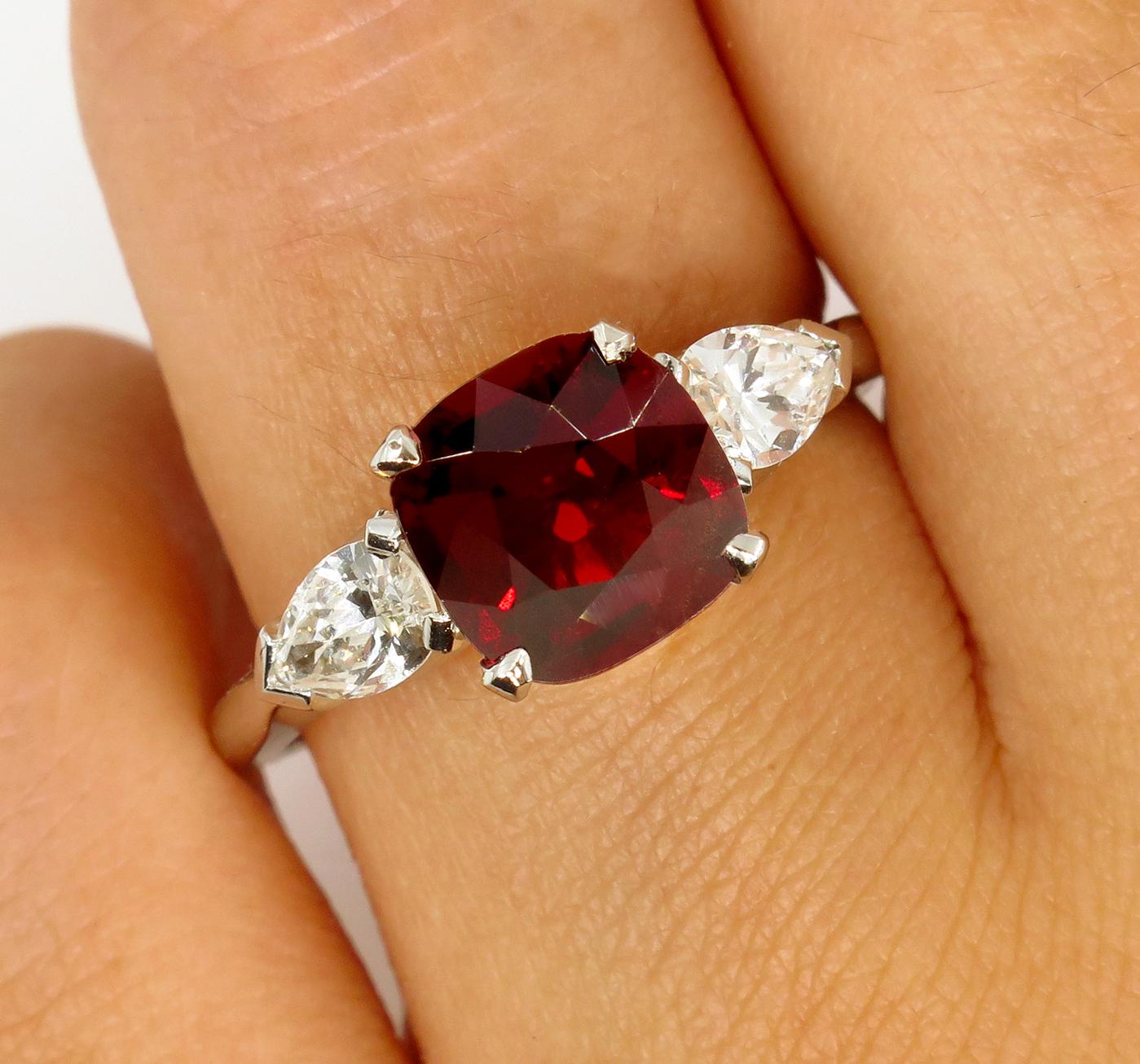 GIA 2.85ct Natural Burma No-Heat Red Spinel and Diamond Platinum 3-Stone Ring 2
