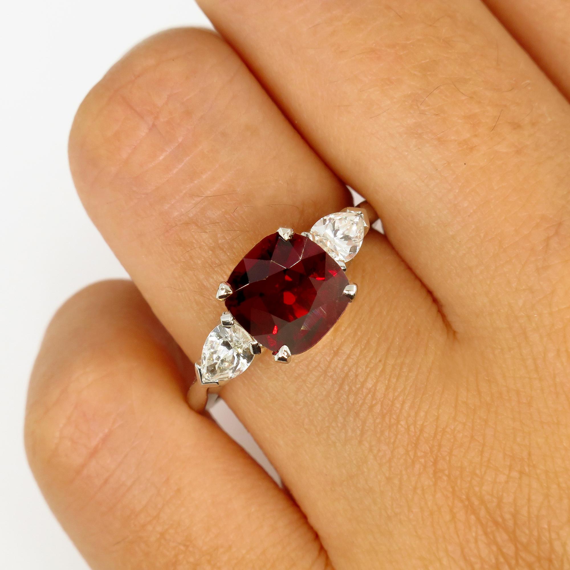 GIA 2.85ct Natural Burma No-Heat Red Spinel and Diamond Platinum 3-Stone Ring 3