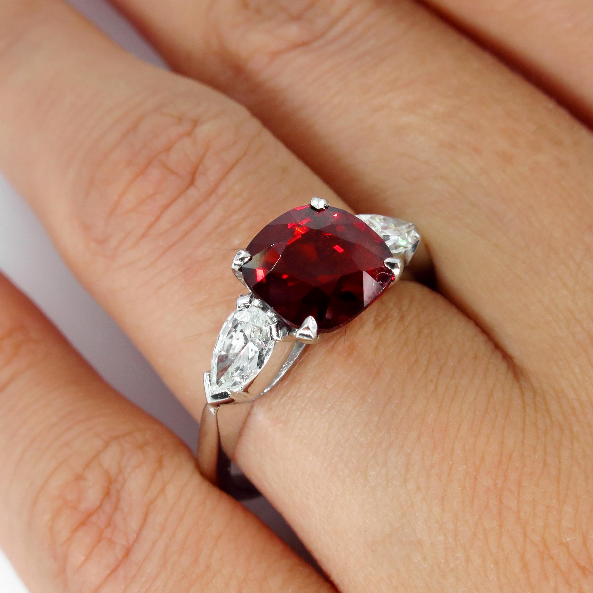 GIA 2.85ct Natural Burma No-Heat Red Spinel and Diamond Platinum 3-Stone Ring 4