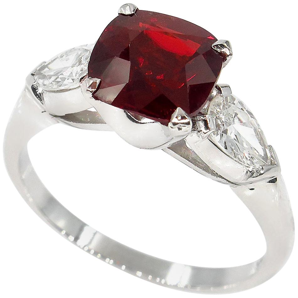 GIA 2.85ct Natural Burma No-Heat Red Spinel and Diamond Platinum 3-Stone Ring