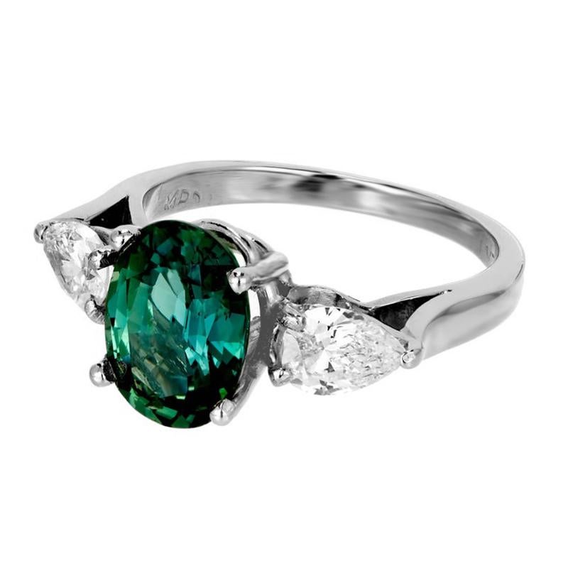 Oval Cut GIA 2.86 Carat Oval Green Sapphire Diamond Platinum Three-Stone Engagement Ring For Sale