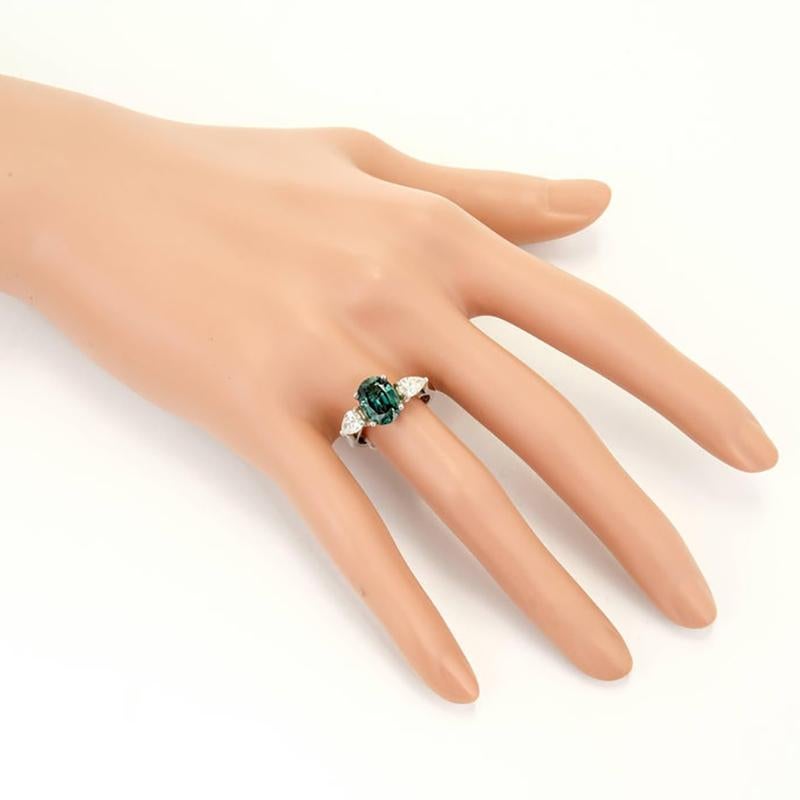 Women's GIA 2.86 Carat Oval Green Sapphire Diamond Platinum Three-Stone Engagement Ring For Sale