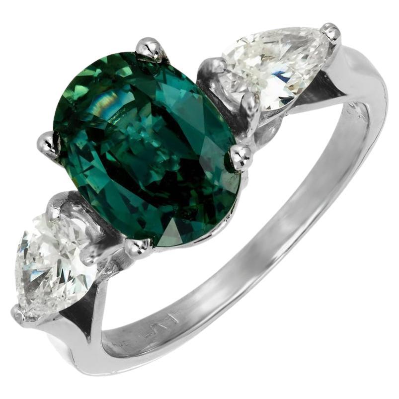 GIA 2.86 Carat Oval Green Sapphire Diamond Platinum Three-Stone Engagement Ring For Sale