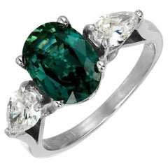 GIA 2.86 Carat Oval Green Sapphire Diamond Platinum Three-Stone Engagement Ring