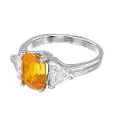 GIA 2.89 Carat Cushion Orange Yellow Sapphire Diamond Platinum Engagement Ring