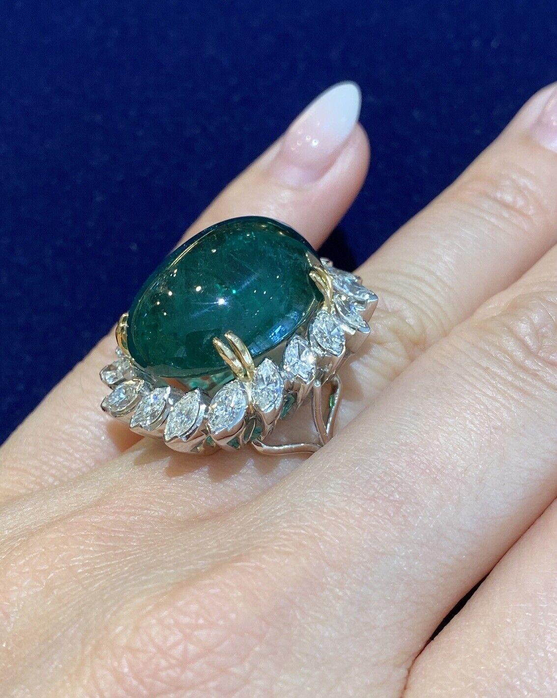 GIA 29.20 Carat Natural Cabochon Emerald Ring with Marquise Diamonds in Platinum In Excellent Condition For Sale In La Jolla, CA